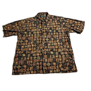 Tori Richard Geometric Leaf Print Button-Up Shirt Men's Large Black Brown Hawaii